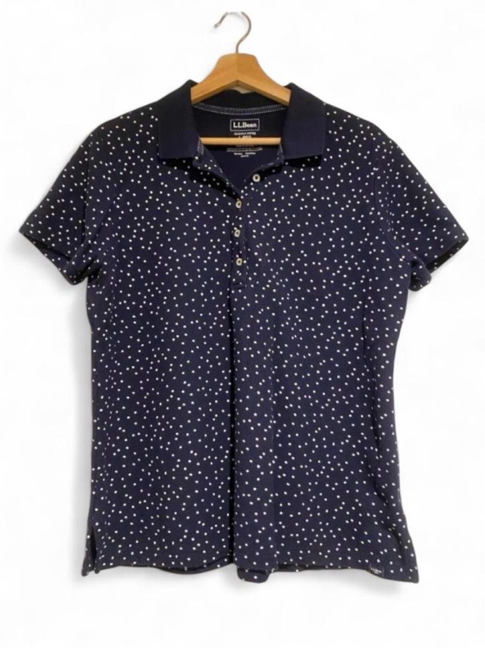 L.L. Bean Navy and White Polka Dot Short Sleeve Polo